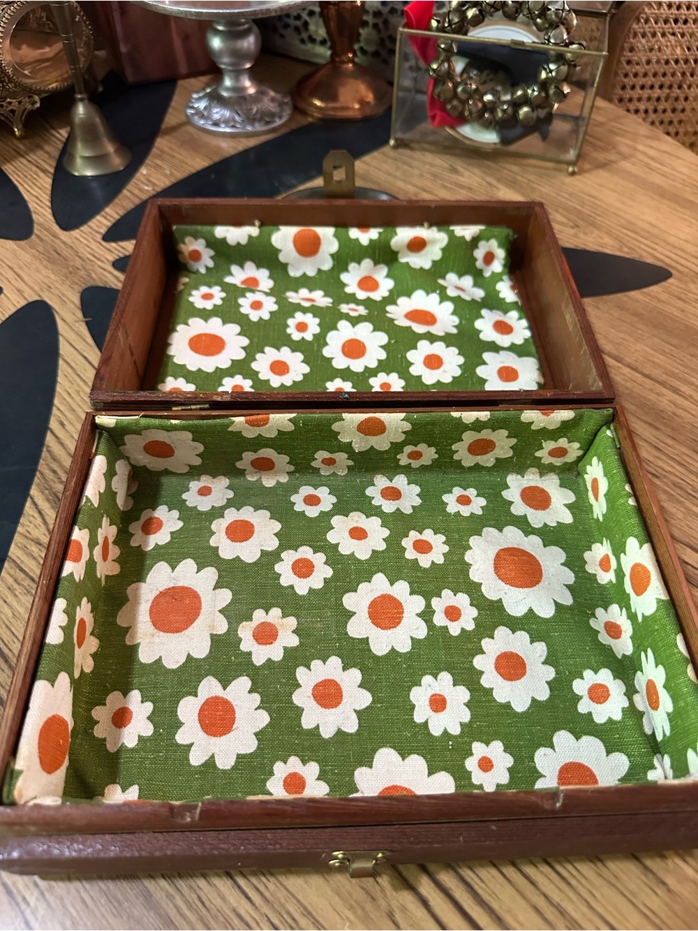 Vintage English leather wood box - handpainted and lined with daisy fabric